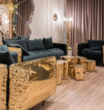 أثاث غرفة معيشة فاخر بتصميم إيطالي، طقم كنب من القماش، طقم كنب زاوية بمساند أذرع ذهبية، كنبة 1 أو 2 أو 3